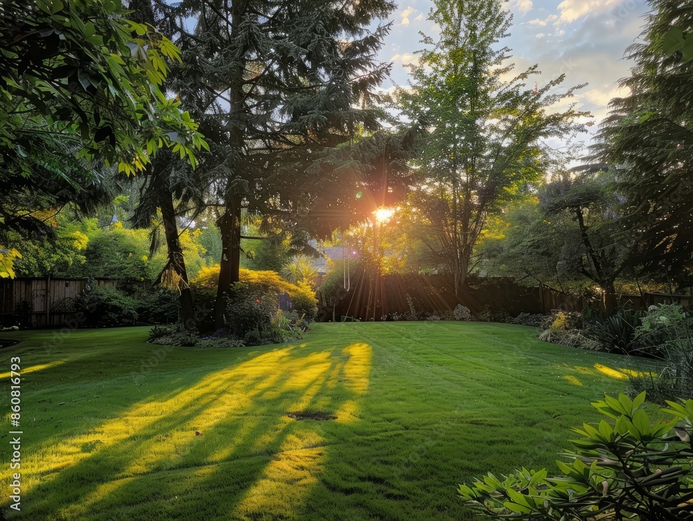 Fototapeta premium A sunny day in a backyard with trees and grass.