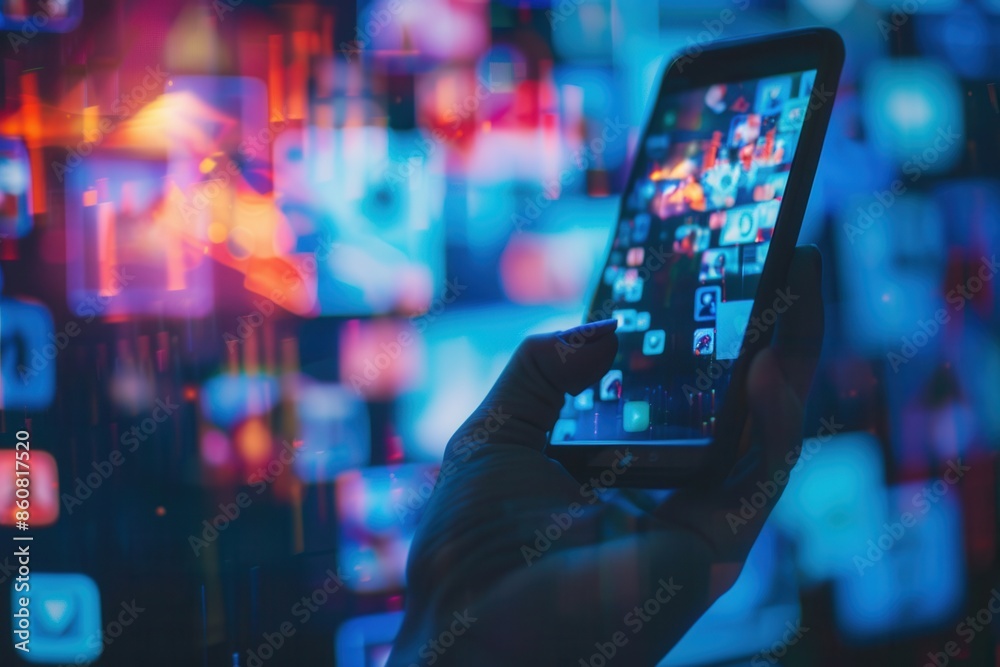 A hand holds a smartphone displaying a social media news feed, with a blurred background of colorful squares representing other posts and content. Generative AI A hand holds a smartphone displaying a social media news feed, with a blurred background of colorful squares representing other posts and content. Generative AI