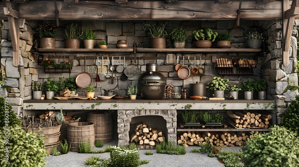 rustic stone outdoor kitchen with a smoker, firewood storage, and iron pot racks, surrounded by herb gardens rustic stone outdoor kitchen with a smoker, firewood storage, and iron pot racks, surrounded by herb gardens