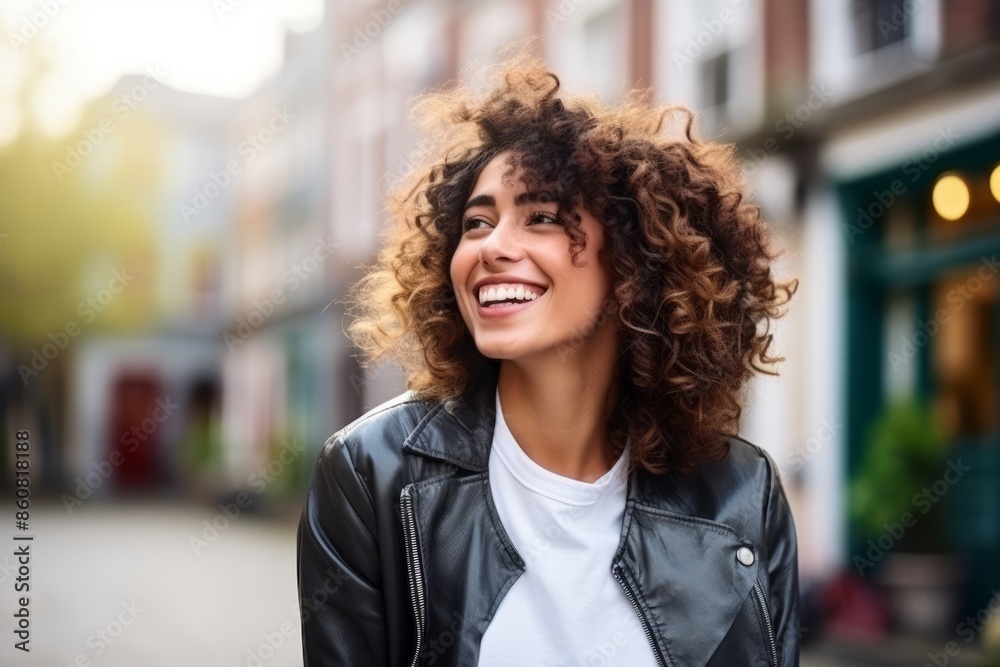 Portrait of a beautiful young woman with curly hair smiling in urban background Portrait of a beautiful young woman with curly hair smiling in urban background