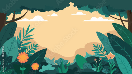 Vector illustration of trendy flat simple style - spring and summer background with copy space for text - landscape with plants, leaves, flowers - background