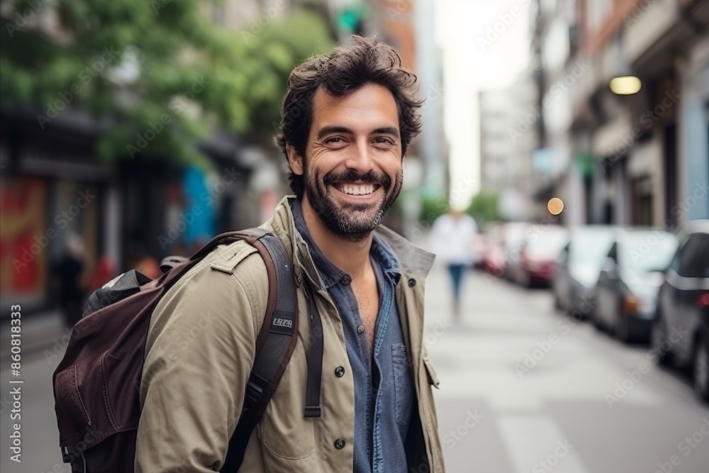 Portrait of a handsome young man with backpack in the city. Portrait of a handsome young man with backpack in the city.