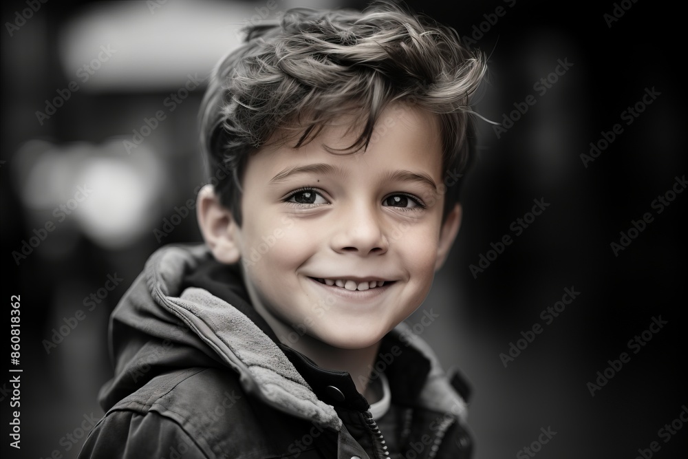 Portrait of a smiling little boy on the street. Black and white.