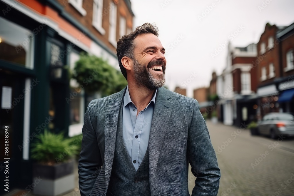 Portrait of a handsome mature man laughing in a city street. Portrait of a handsome mature man laughing in a city street.