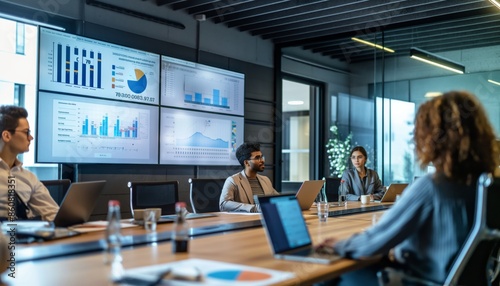 Team meeting in conference room with presentation screen