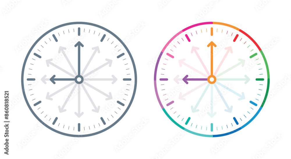 round arrow clock concept. multicolored analog clock symbol. round clock concept round arrow clock concept. multicolored analog clock symbol. round clock concept