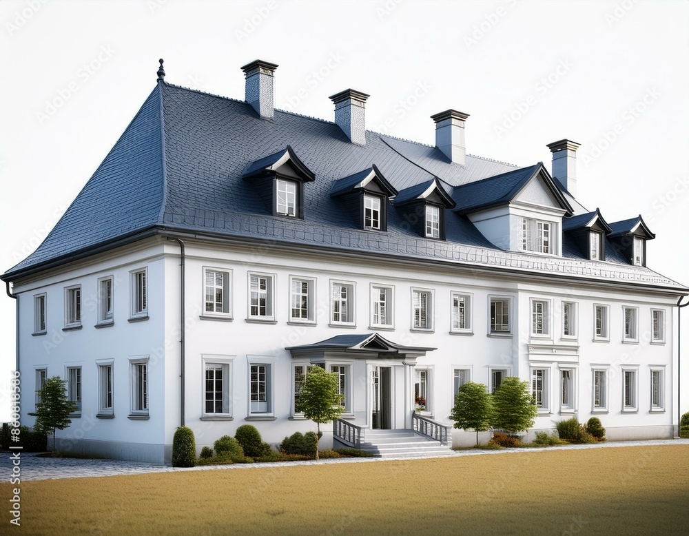 A 3D-rendered German manor with cream stucco walls and a slate roof, featuring classical architectural details, against a white background. A 3D-rendered German manor with cream stucco walls and a slate roof, featuring classical architectural details, against a white background.
