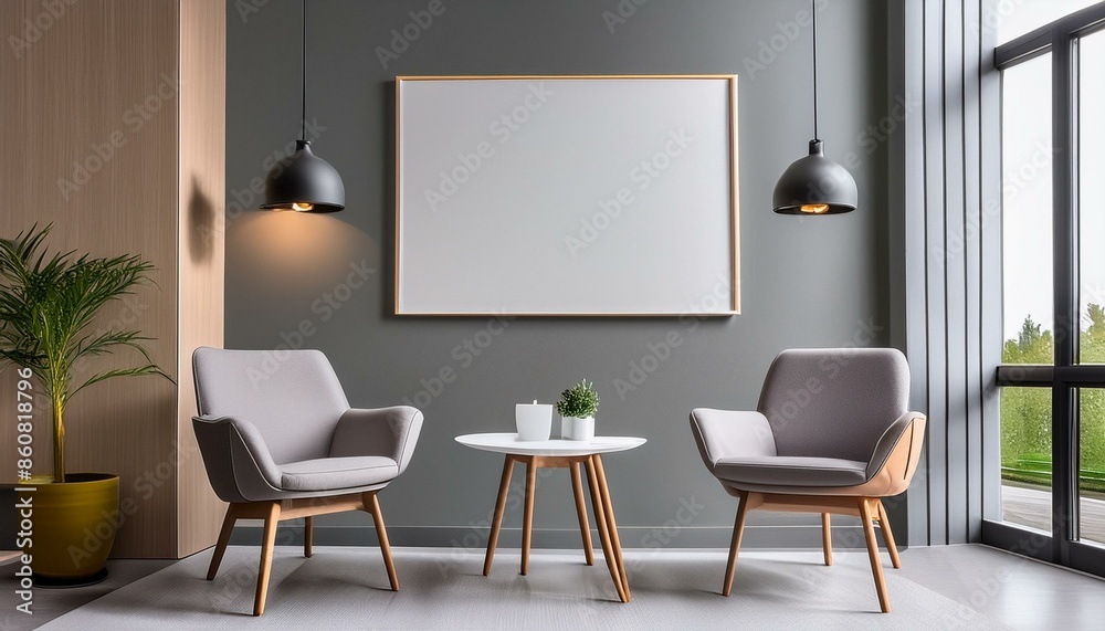 Minimalist home interior with a blank frame on a grey wall, modern chairs, a simple table, and two hanging lamps on either side of the frame Minimalist home interior with a blank frame on a grey wall, modern chairs, a simple table, and two hanging lamps on either side of the frame