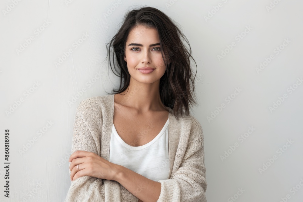 Satisfied Woman in Chic Cardigan - Lifestyle Portrait - Concept of Contemporary Elegance Satisfied Woman in Chic Cardigan - Lifestyle Portrait - Concept of Contemporary Elegance