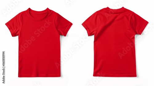 Obraz na płótnie Red kids t-shirt mock up, front and back view, isolated. Plain red shirt mockup. Tshirt design template. Blank tee for print w salonie