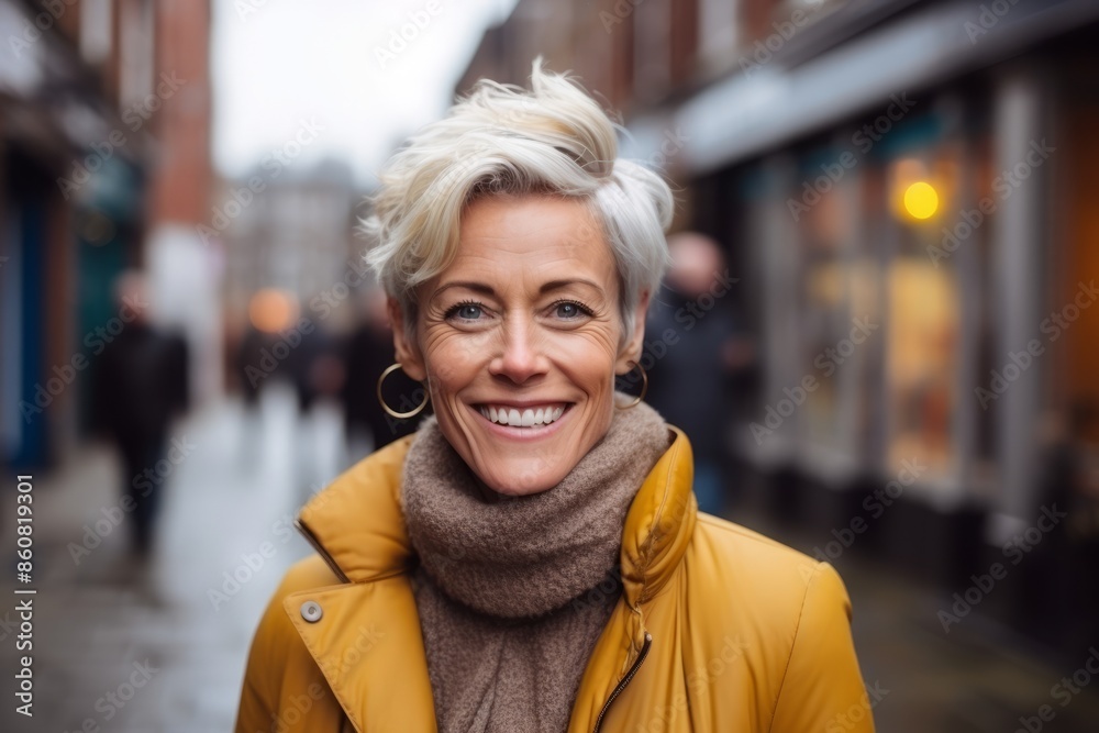 Portrait of a middle-aged woman smiling at the camera in a city street Portrait of a middle-aged woman smiling at the camera in a city street