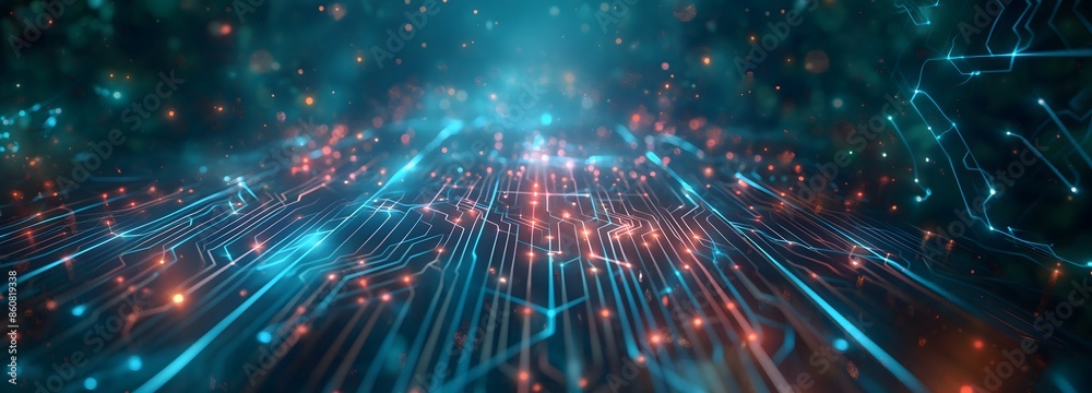 Fototapeta premium 19. Generate a digital labyrinth of interconnected nodes and pathways, pulsating with energy and illuminated by glowing circuits against a dark, digital void.