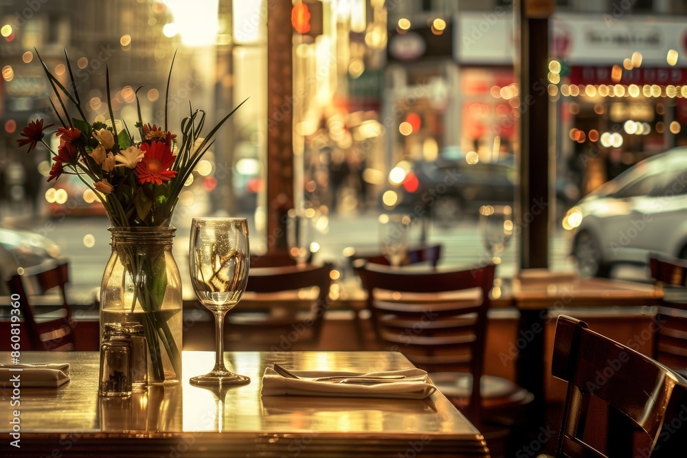 Modern Dining Experience - City Backdrop - Concept of Sleek Restaurant Design