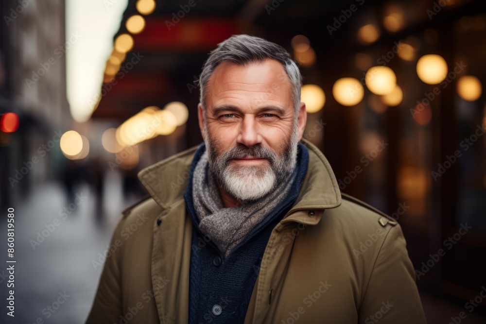 Portrait of a handsome senior man with gray beard in the street.