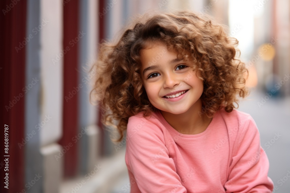 Portrait of a cute little girl with curly hair in the city