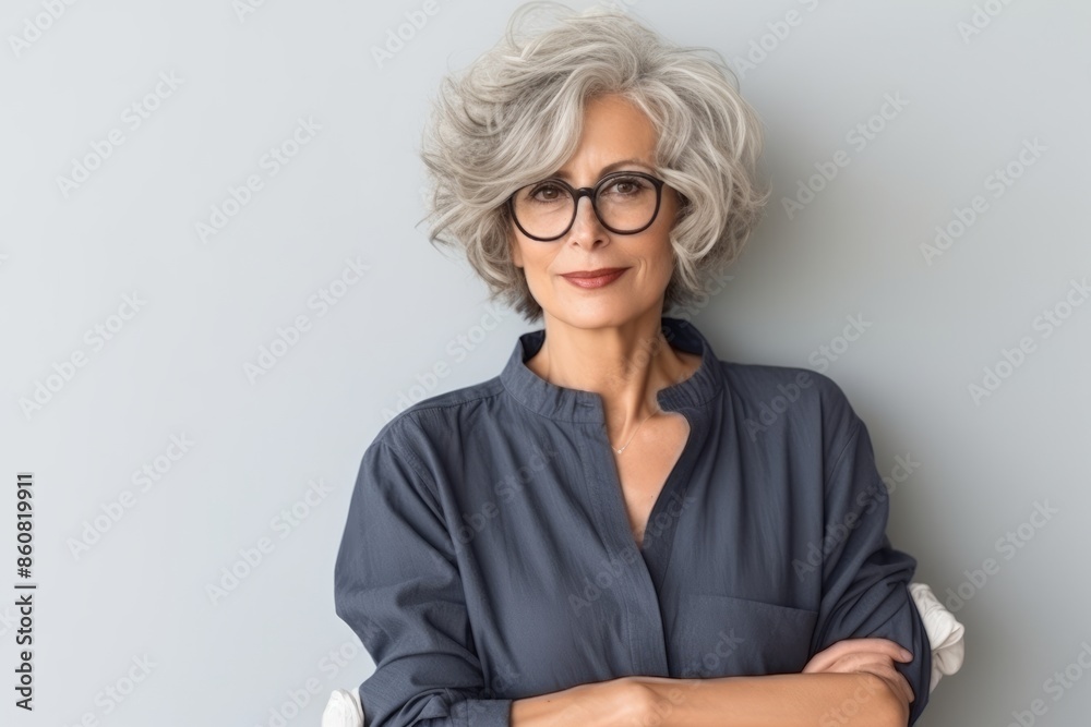 Portrait of a beautiful senior businesswoman with eyeglasses over grey background