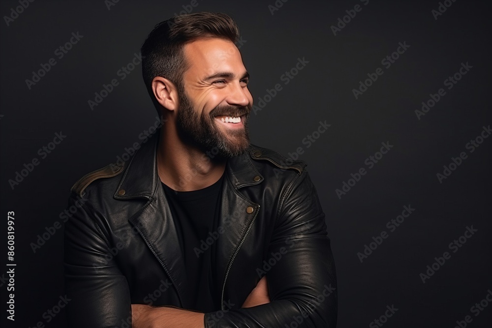 Portrait of a handsome smiling man in a leather jacket on a dark background
