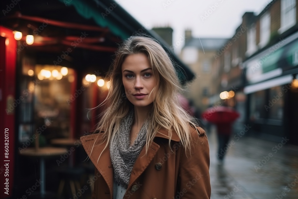 Beautiful young woman walking in the city at night, wearing coat and scarf Beautiful young woman walking in the city at night, wearing coat and scarf