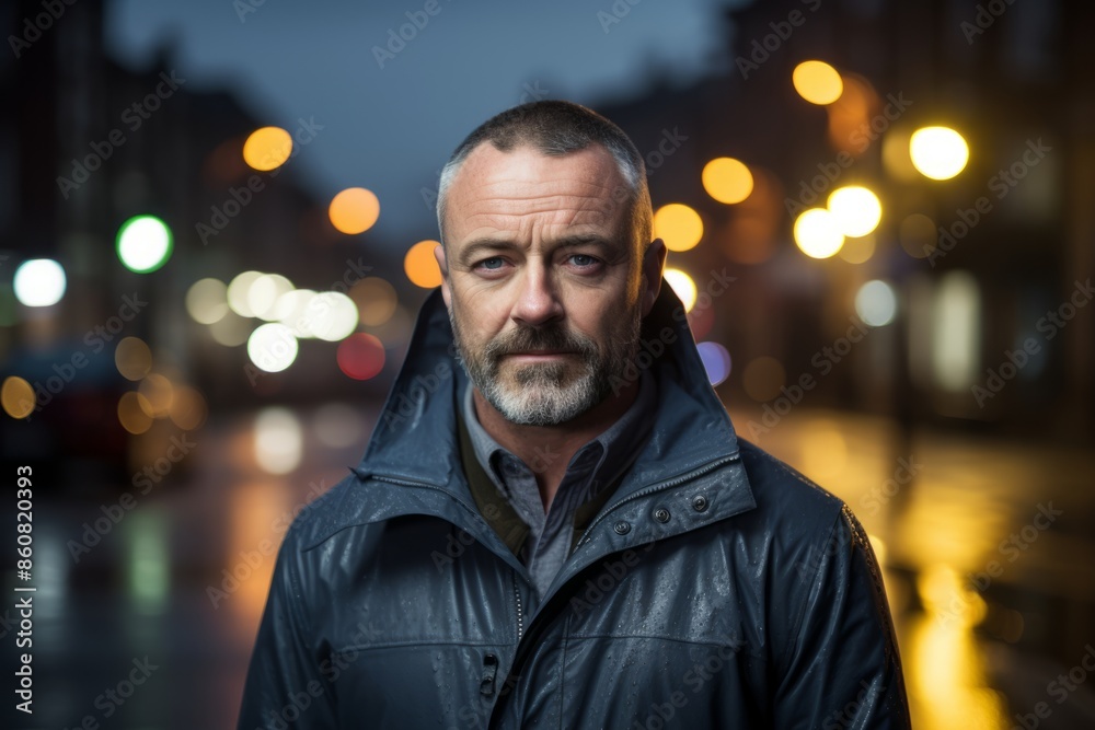 Handsome middle-aged man in a leather jacket on a city street at night. Handsome middle-aged man in a leather jacket on a city street at night.