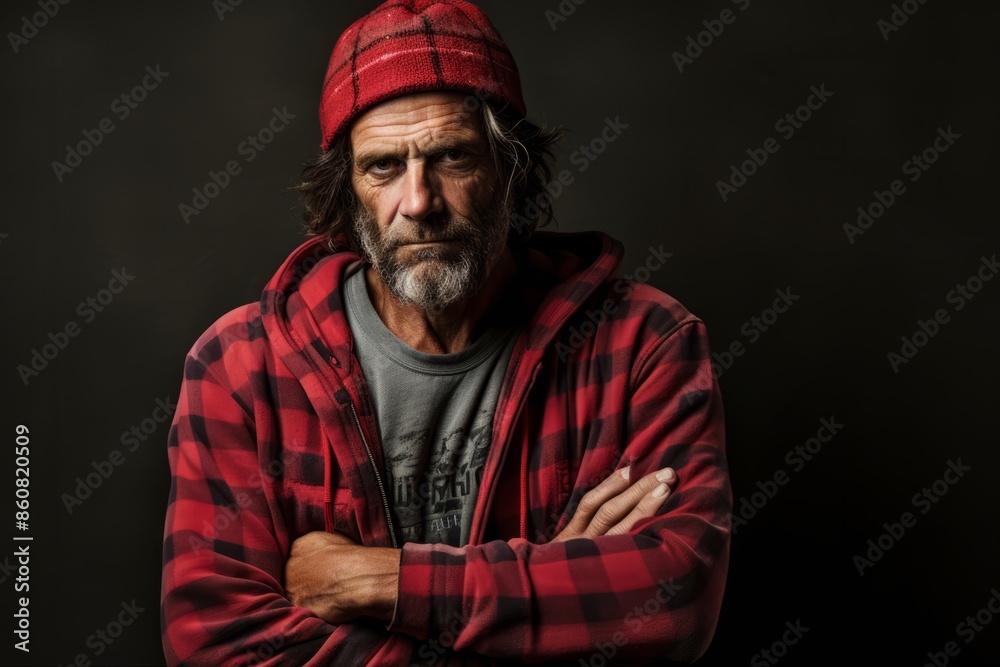 Portrait of an old man in a red plaid shirt and hat.