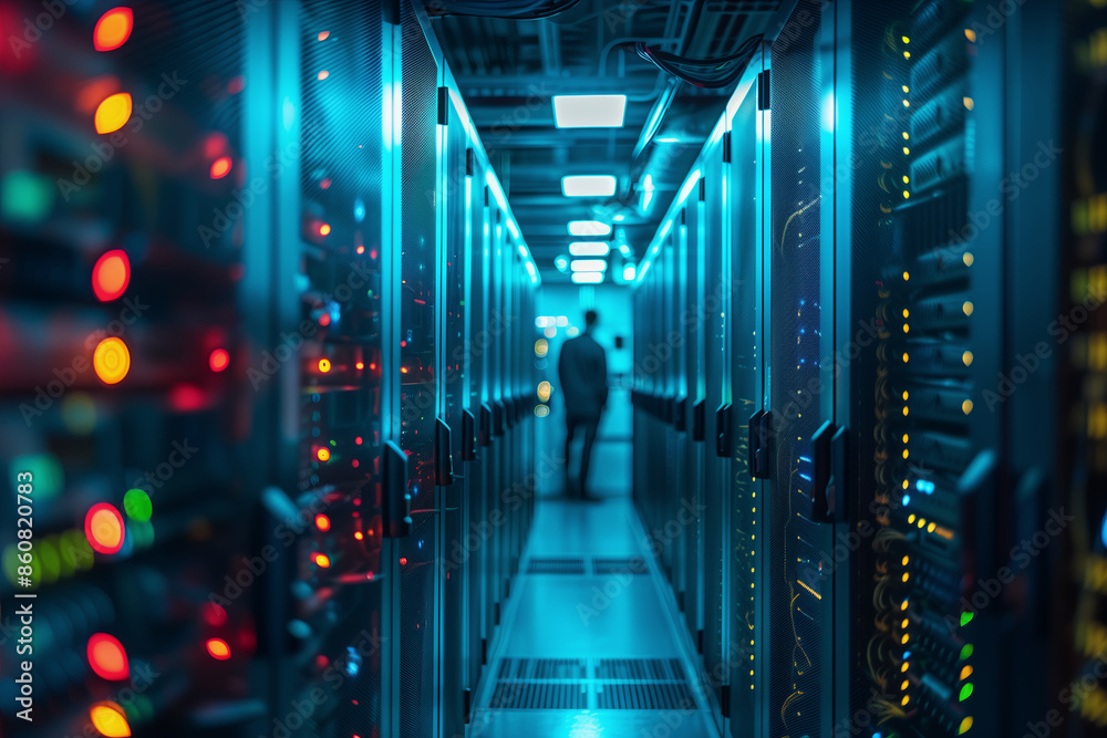 A modern server room with ambient lighting with hundreds of servers in server cabinets A modern server room with ambient lighting with hundreds of servers in server cabinets