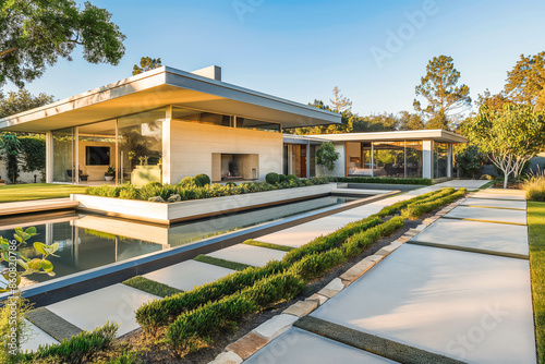 A contemporary house with a flat roof, clean lines, and a landscaped garden.