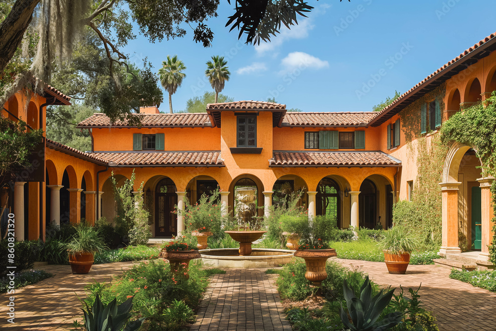 A Mediterranean-style villa with terracotta roof tiles, arches, and a courtyard. A Mediterranean-style villa with terracotta roof tiles, arches, and a courtyard.