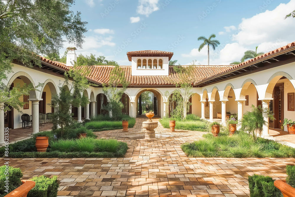 Fototapeta premium A Mediterranean-style villa with terracotta roof tiles, arches, and a courtyard.