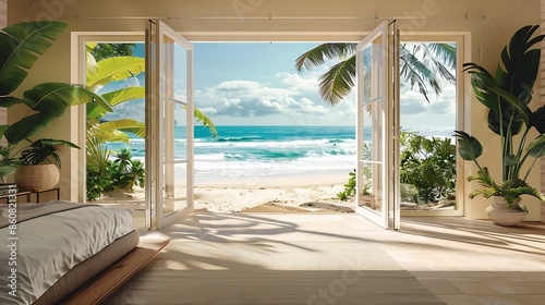 tropical home with bi-folding doors that open the bedroom directly onto a sandy beach