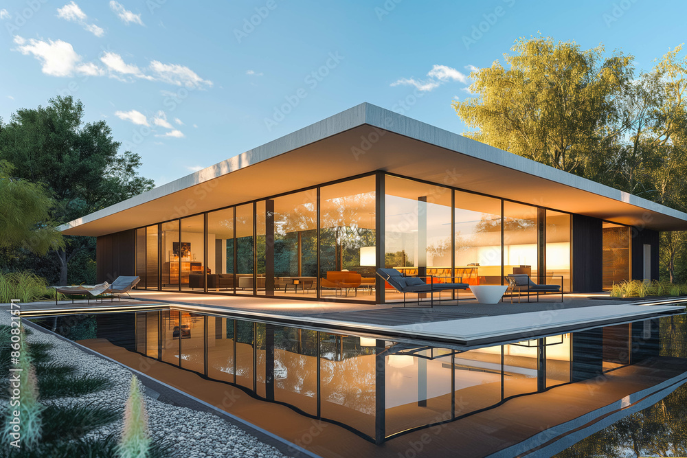Fototapeta premium A modern open-plan house with a flat roof, large glass panels, and a pool.