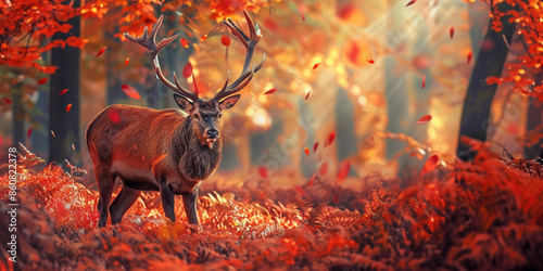 A majestic deer with impressive antlers stands in the center of an autumn forest