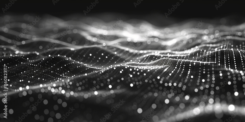 Black background, white dots in the shape of waves, dots connected by lines, digital technology Black background, white dots in the shape of waves, dots connected by lines, digital technology