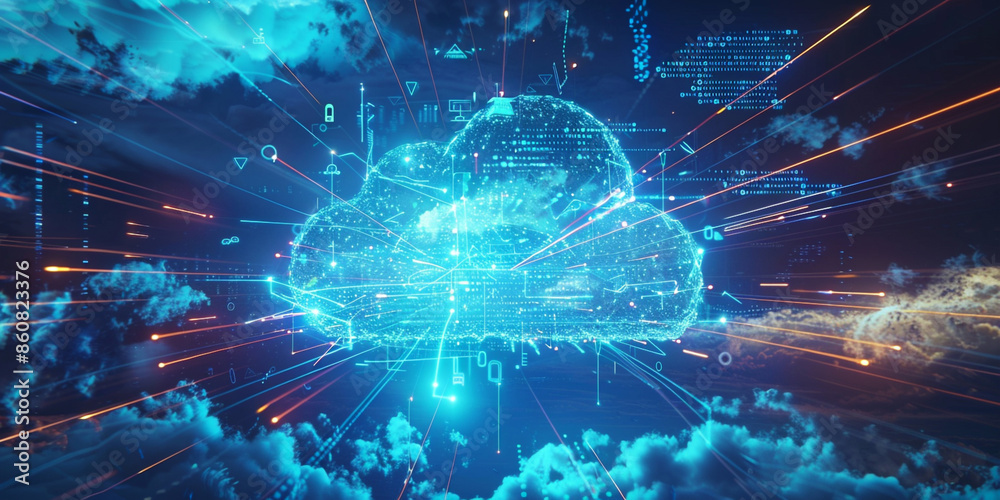 A cloud with data flowing through it symbolizes technology and informatio A cloud with data flowing through it symbolizes technology and informatio