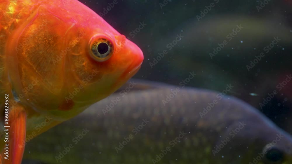 Close up an orange carp slowly swimming by and opening his mouth Close up an orange carp slowly swimming by and opening his mouth