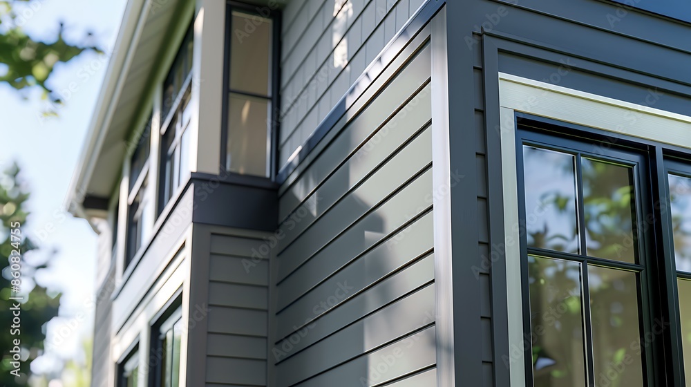 Fototapeta premium close-up of a home's corner showing how James Hardie siding seamlessly blends with modern windows and doors