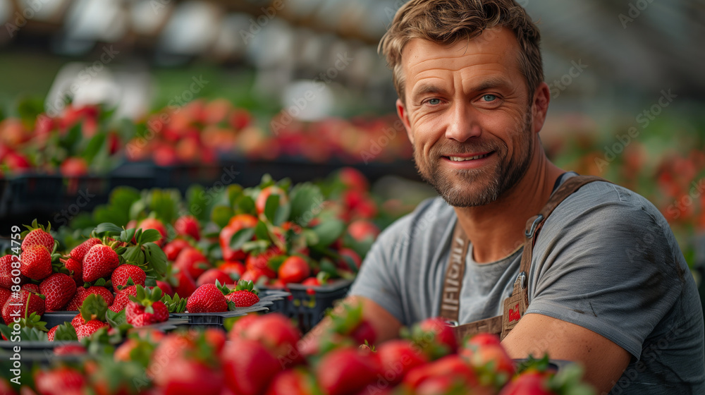 A farmer engaged in strawberry picking at an indoor farm. A farmer engaged in strawberry picking at an indoor farm.