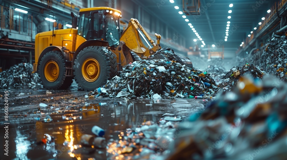 A powerful yellow bulldozer stands amidst piles of refuse inside a recycling facility A powerful yellow bulldozer stands amidst piles of refuse inside a recycling facility