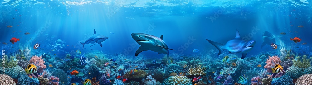 Fototapeta premium A picture of a beautiful coral reef with tropical fish. Whale sharks, Hammerhead sharks, Zebra sharks, and sea turtles were spotted here.
