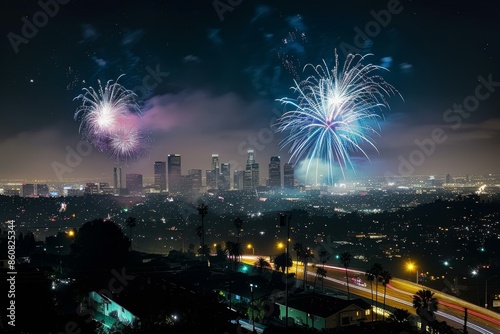  Fireworks over Los Angeles skyline at night celebrating festive occasion with vibrant city lights and bustling traffic below © Studium L&M