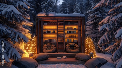 cozy outdoor winter reading retreat with insulated cushioned seats, surrounded by tall snowy pines and equipped with waterproof bookshelves and warm lighting photo