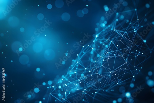 Cyber network nodes and digital particles on blue backdrop