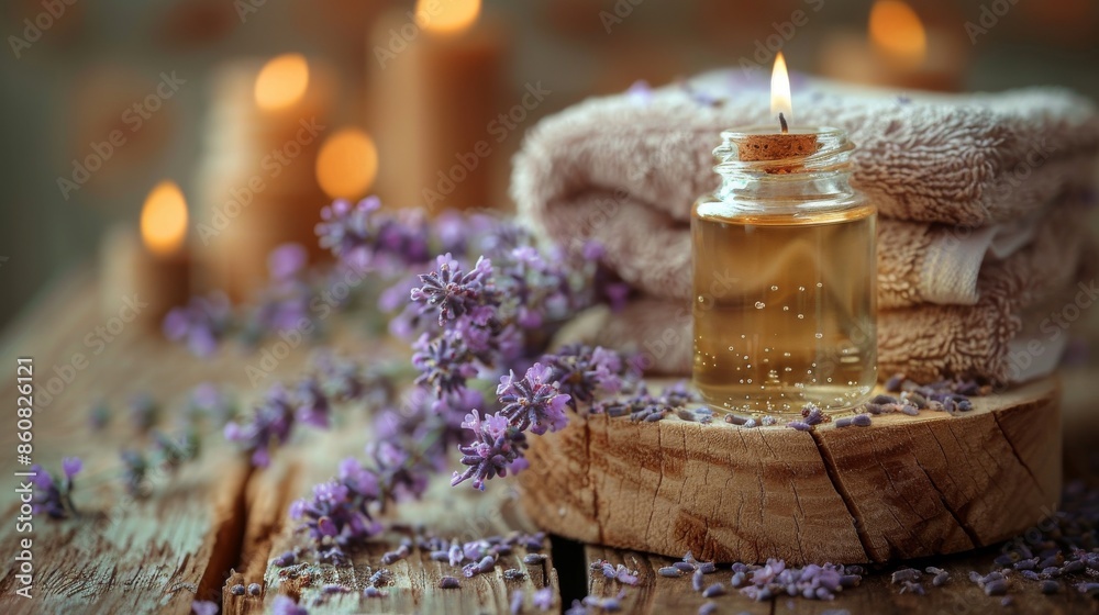 Still life with lavender oil, white towel, and perfumed candle on natural wood Still life with lavender oil, white towel, and perfumed candle on natural wood
