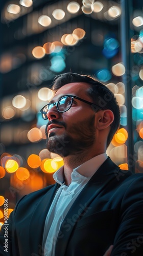 business man wearing glasses looking up