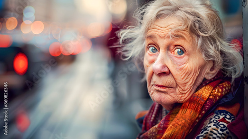 Close up portrait of a weathered elderly woman s face with wrinkled skin and weary pensive expression set against the moody dramatic backdrop of a city street at night