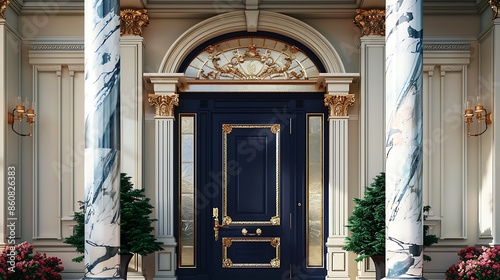 grand estate entryway with a deep navy door, framed by marble columns and topped with an ornate gilded transom photo