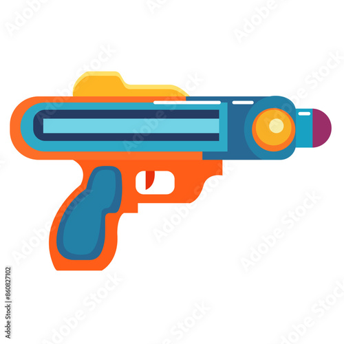 Futuristic shooting blaster gun vector art, energy plasma beam game weapon, cartoon toy gun kid equipment