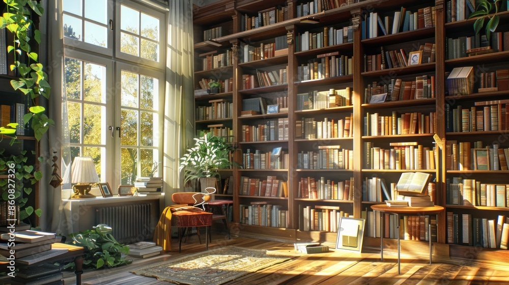 Sunlit Library with Bookshelves and Window Sunlit Library with Bookshelves and Window