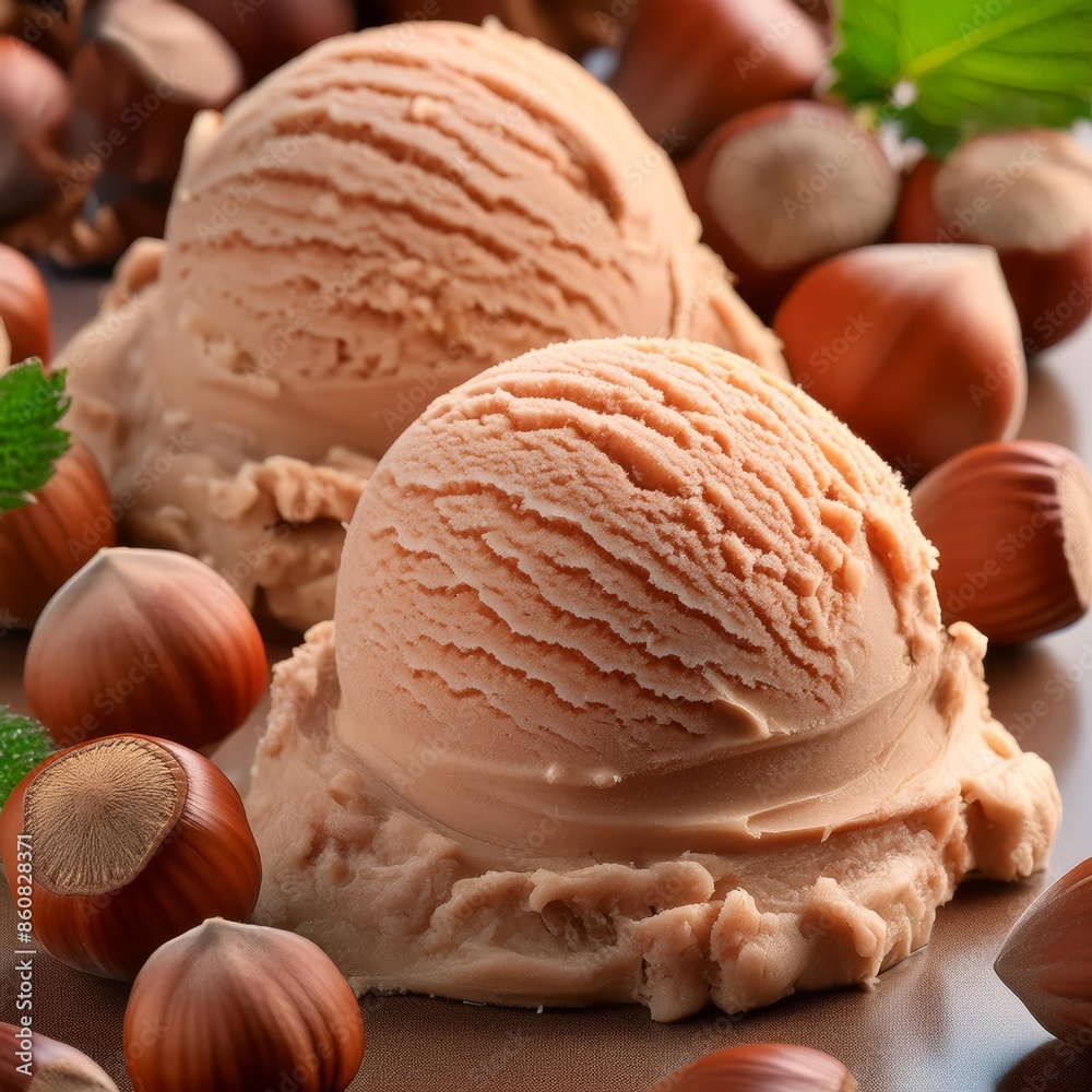 Closeup of hazelnuts ice cream scoop on a table, focusing on texture and appearance. Themes food, ingredients, tableware, natural foods, recipes, cuisine, plants, dishes, produce, sorbetes Closeup of hazelnuts ice cream scoop on a table, focusing on texture and appearance. Themes food, ingredients, tableware, natural foods, recipes, cuisine, plants, dishes, produce, sorbetes