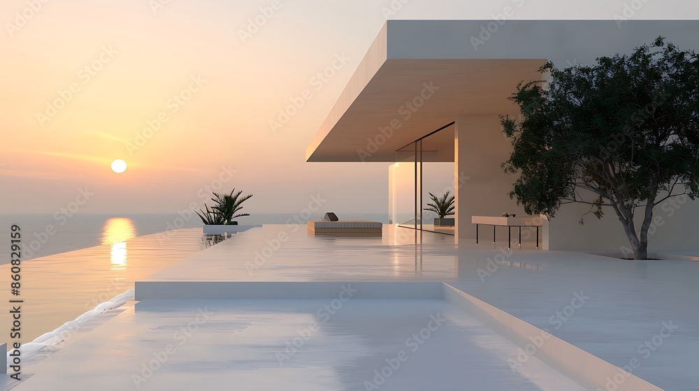 minimalist off-white beachfront villa, with clean lines and an open design that maximizes views of the ocean and sunset