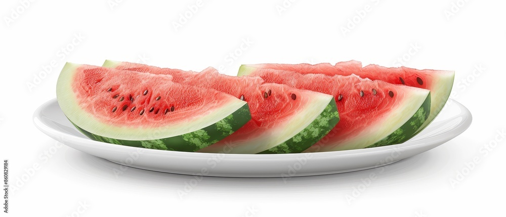 Fresh watermelon slices on a white plate, showcasing vibrant red flesh and green rind, perfect for summer refreshment.